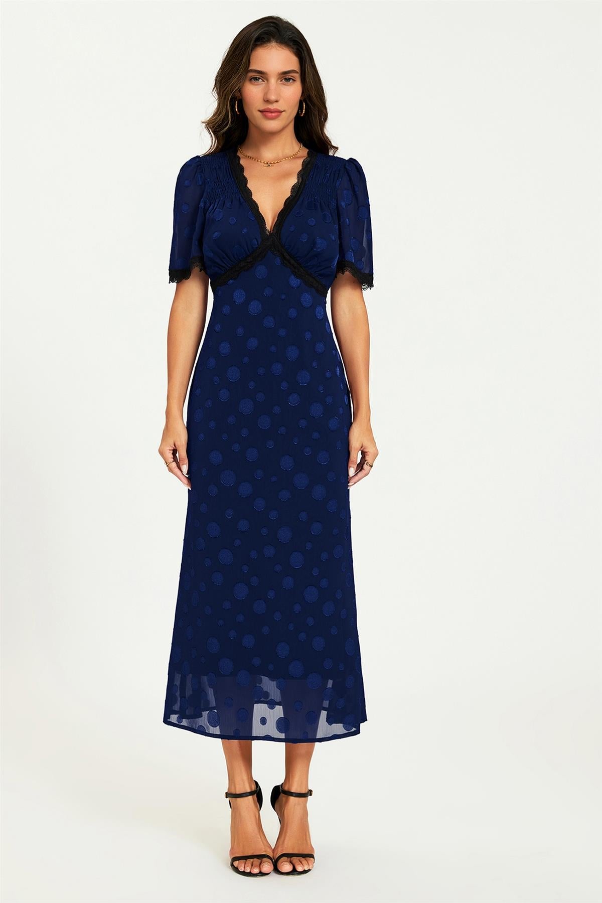 Polka Dot Jacquard Lace Trim Midi Dress In Navy