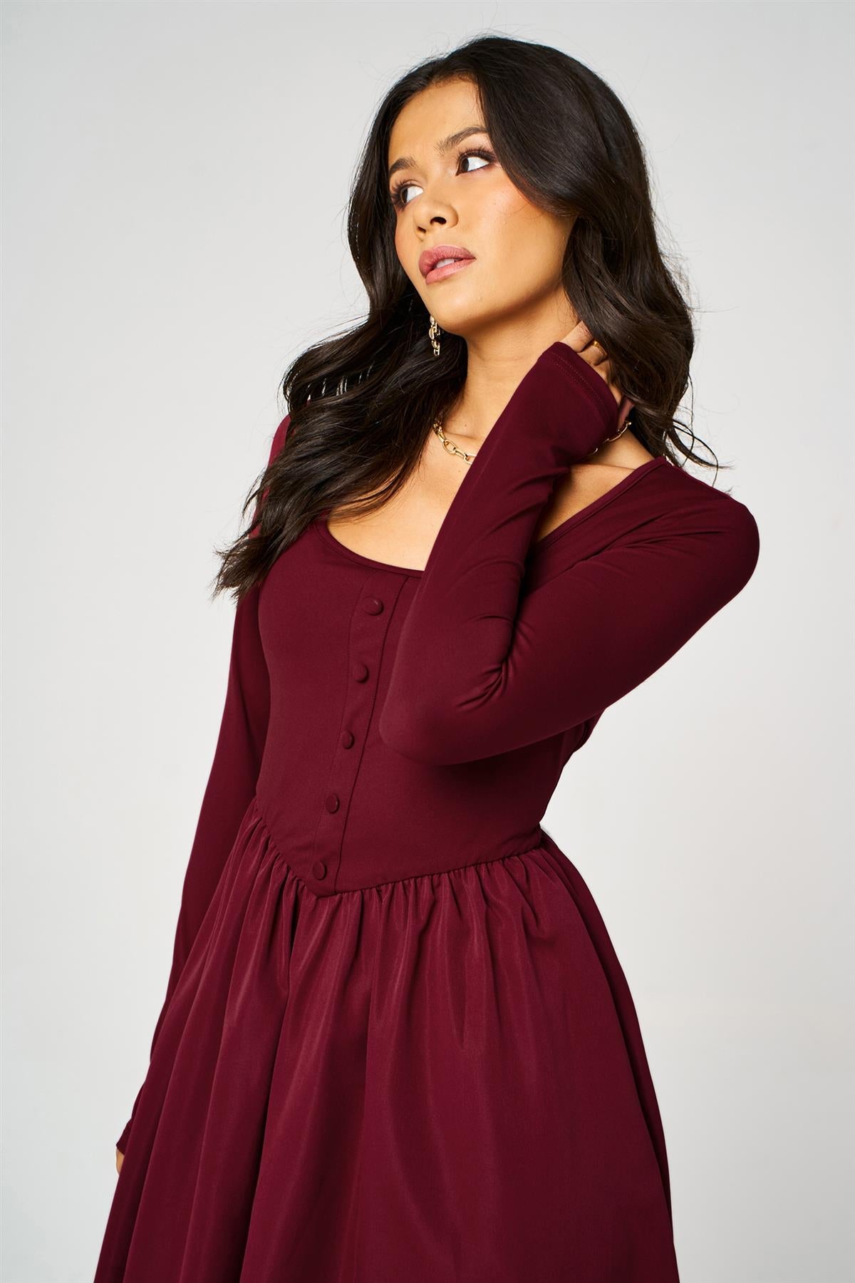 Burgundy Square Neck Button-Front Long Sleeve Midi Dress