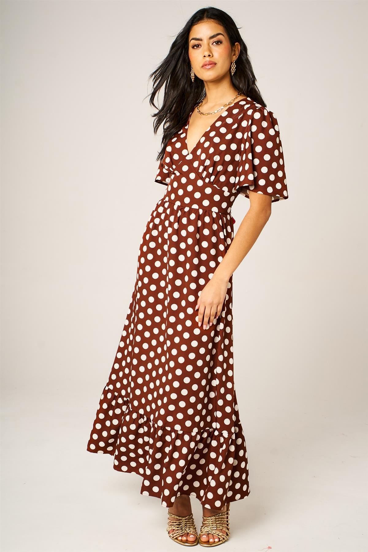 Dot Print Angel Sleeve V Neck Frill Hem Midi Dress In Brown