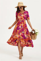 Floral Print Button Down Maxi Dress In Pink Orange