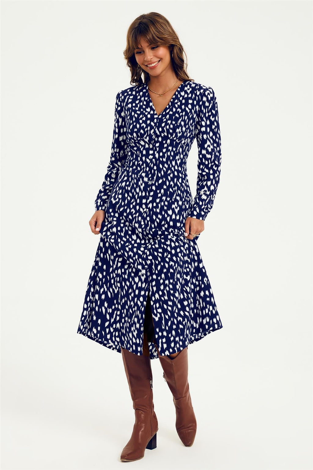 Brushstroke Print Long Sleeve Button Front Midi Dress In Navy
