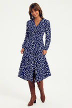 Brushstroke Print Long Sleeve Button Front Midi Dress In Navy