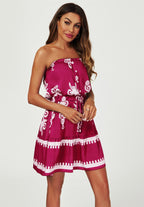 Printed Broderie Strapless Mini Dress In Fuchsia