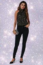 Gold Foil Star Halter Neck Tie Back Top In Black