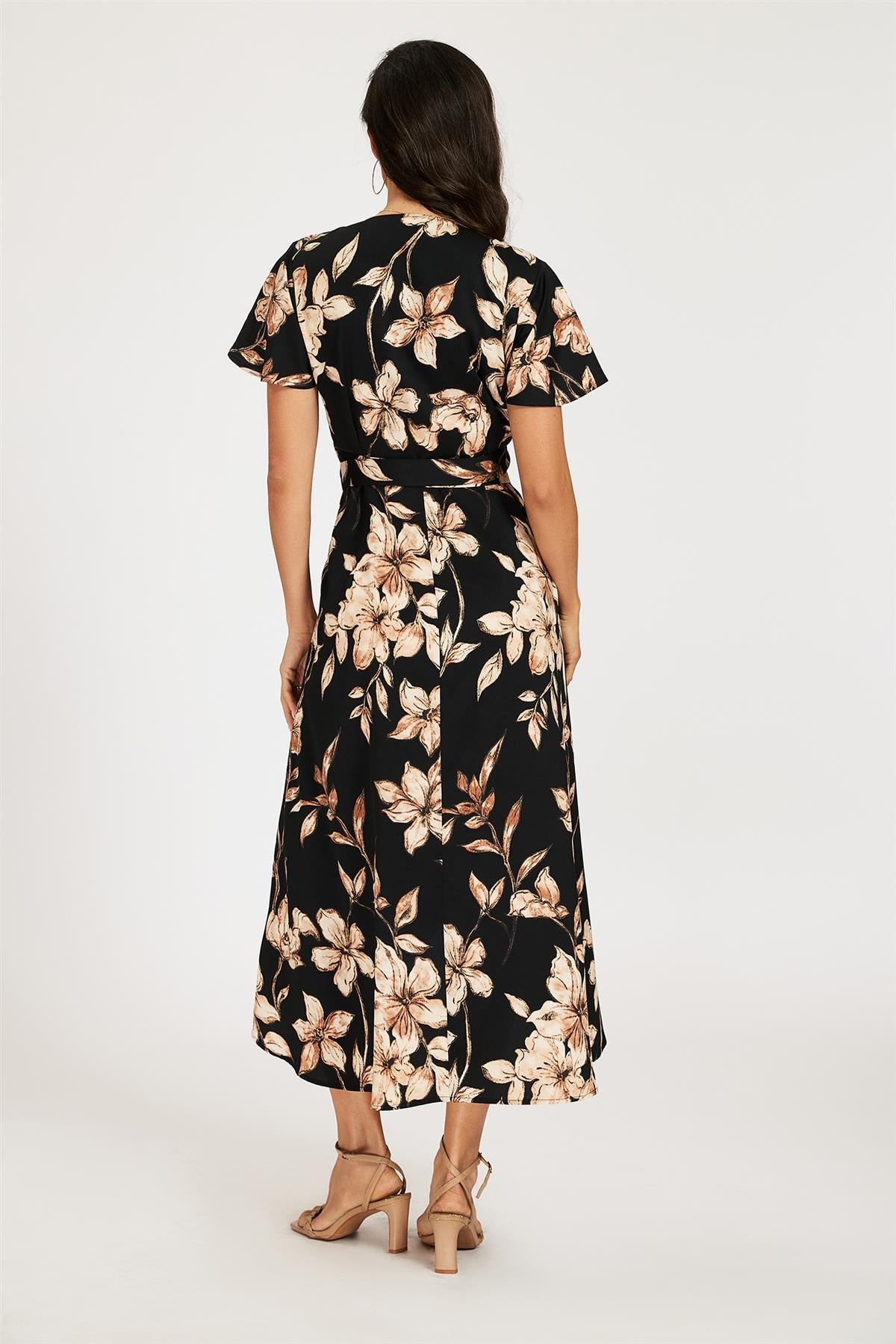 Black & Brown Floral Print Wrap Maxi Dress