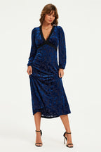 Floral Velvet Devore Lace Trim Neckline Midi Dress In Navy