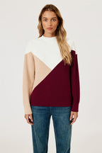 Colour Block Jumper Top In Camel & Wine & White