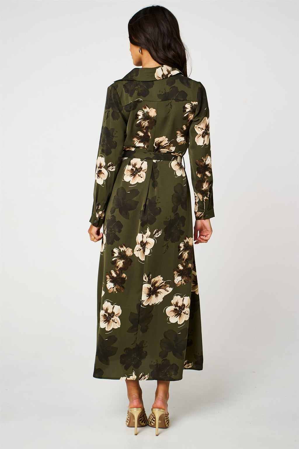 Large Floral Long Sleeve Belted Shirt Dress In Olive Green
