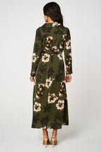 Large Floral Long Sleeve Belted Shirt Dress In Olive Green
