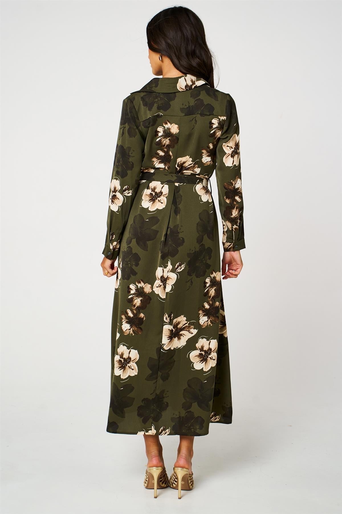 Large Floral Long Sleeve Belted Shirt Dress In Olive Green