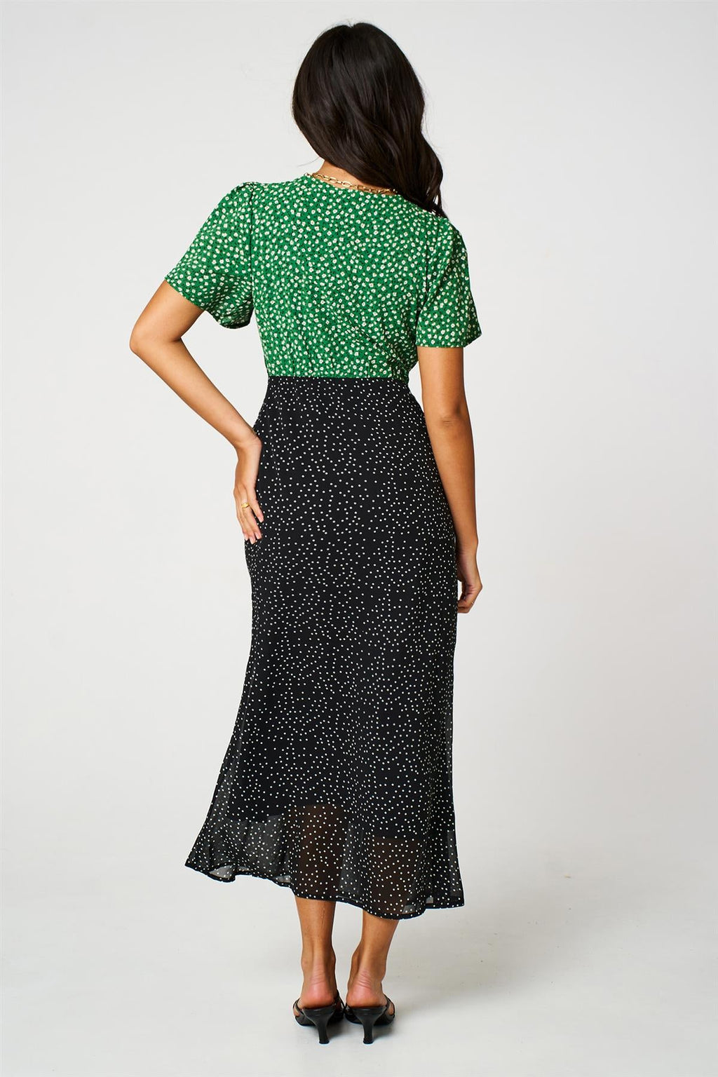 Black Dot & Green Floral Print Angel Sleeve Maxi Dress