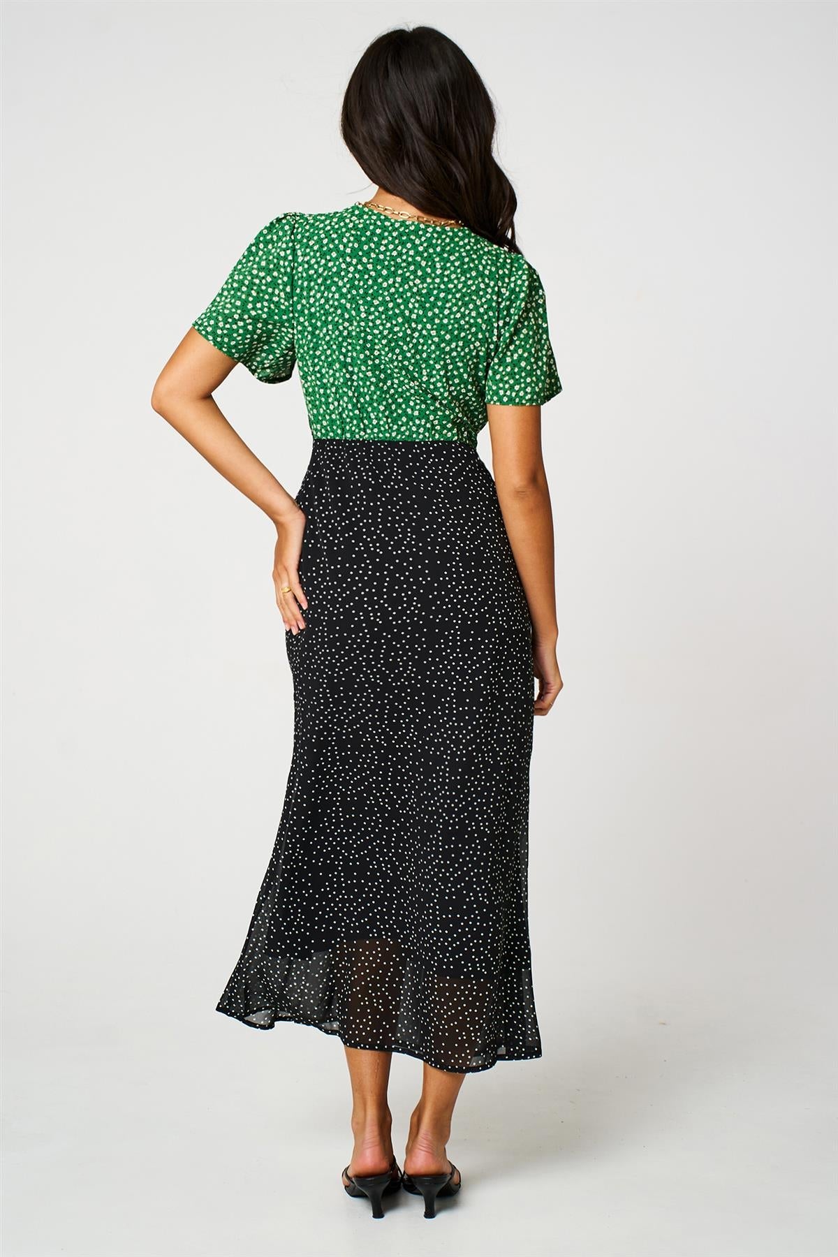 Black Dot & Green Floral Print Angel Sleeve Maxi Dress