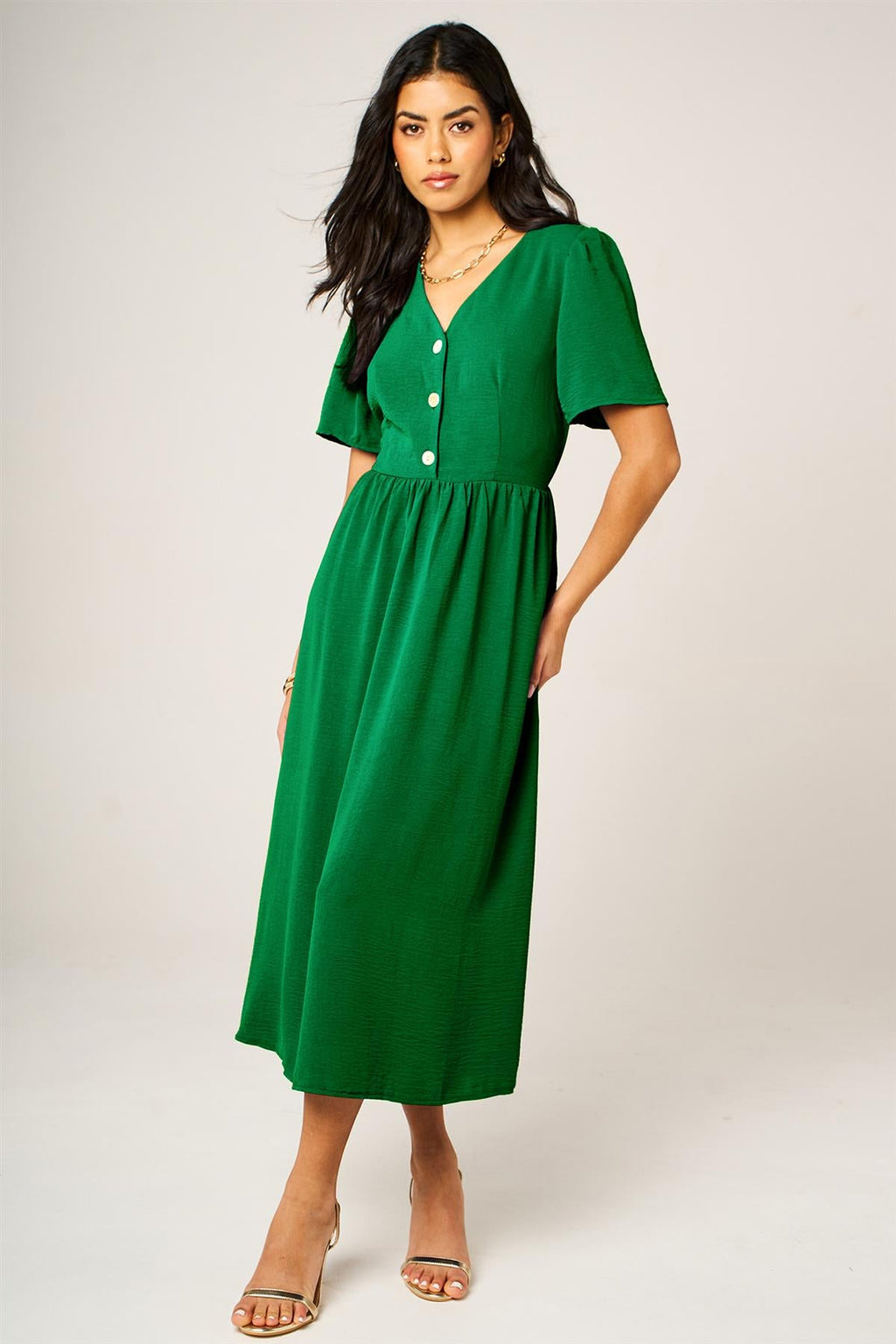 Button Front Midi Dress In Green