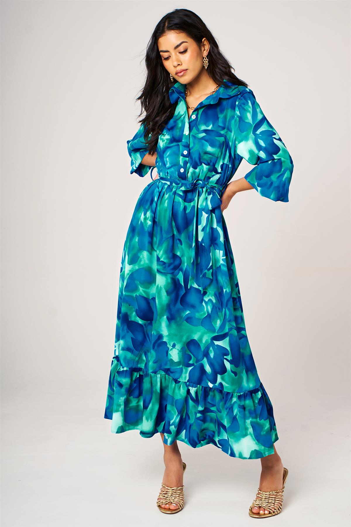 Abstract Floral Print Hem Detail Shirt Midi Dress With Tie Waist In Blue