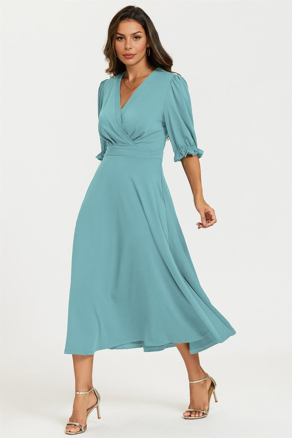 Half Sleeves Jersey Midi Dress with Wrap Neckline In Grey Blue