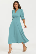 Half Sleeves Jersey Midi Dress with Wrap Neckline In Grey Blue