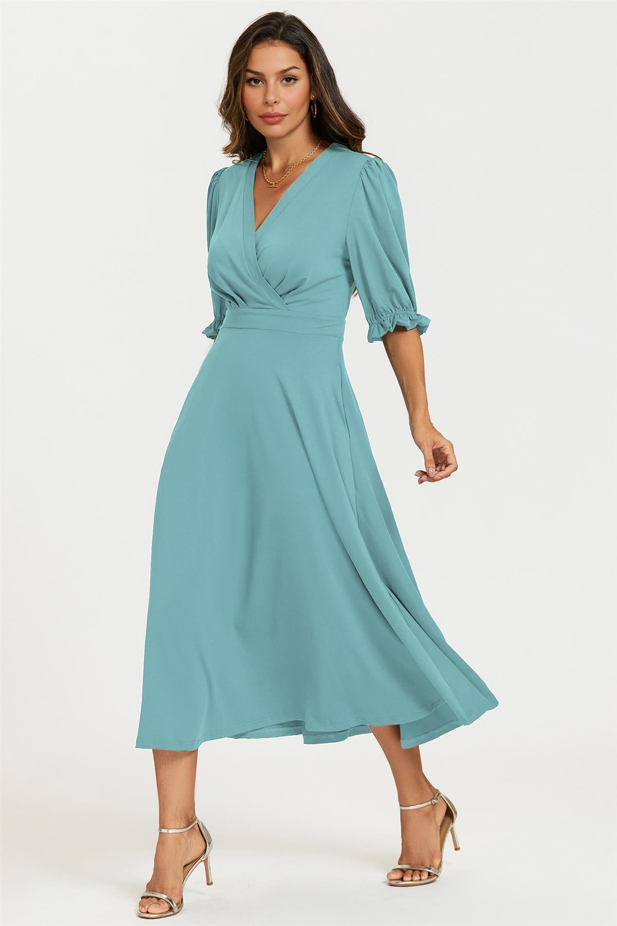 Half Sleeves Jersey Midi Dress with Wrap Neckline In Grey Blue