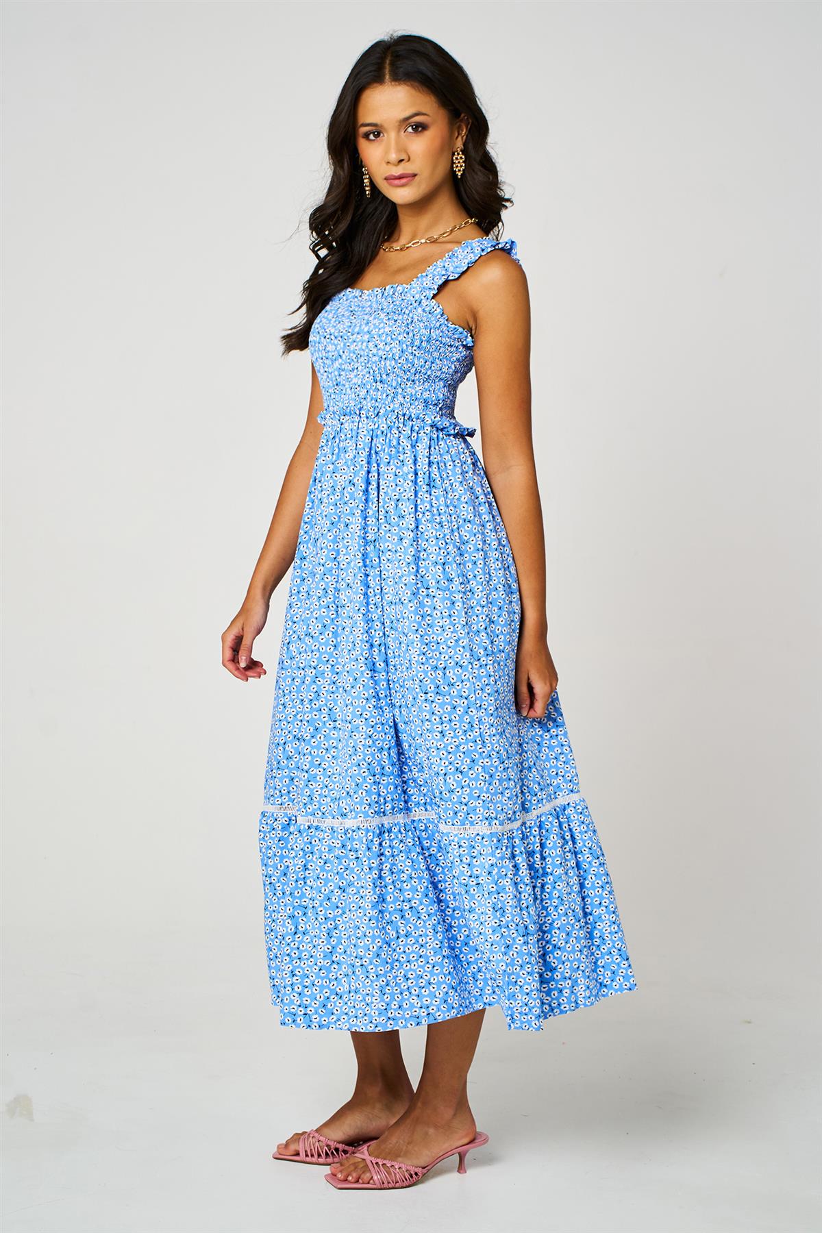 Little Floral Print Hem Detail Maxi Dress In Blue
