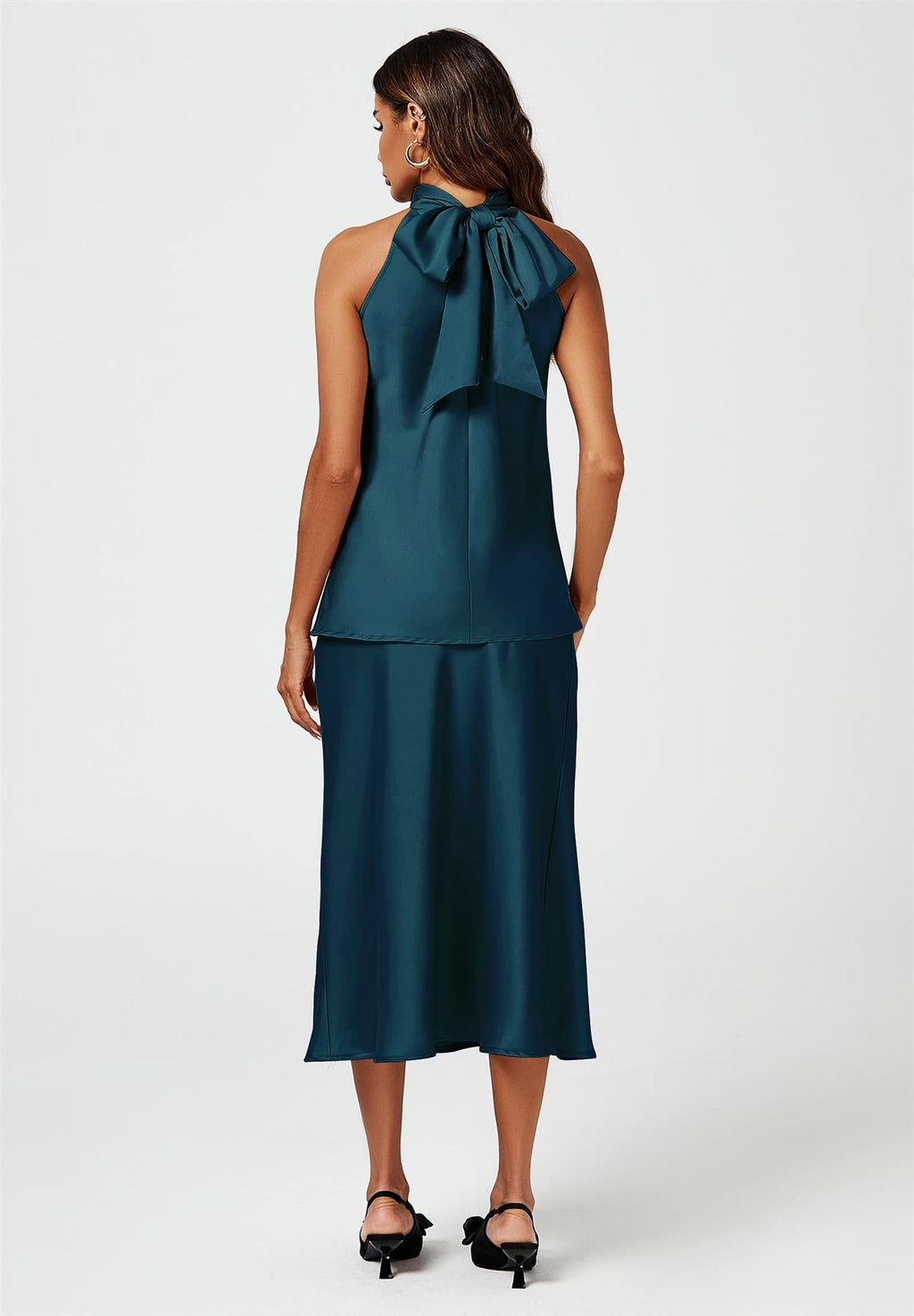 Satin Halter Neck Tie Back Top In Teal