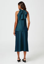 Satin Halter Neck Tie Back Top In Teal