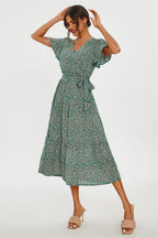 Orange Floral Print Hem Tiered Wrap Midi Dress In Green