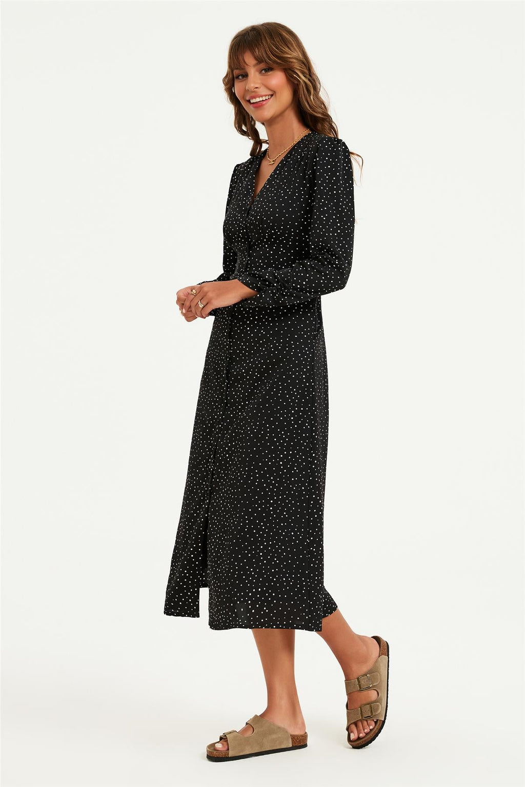 Dot Print Long Sleeve Button Front Midi Dress In Black