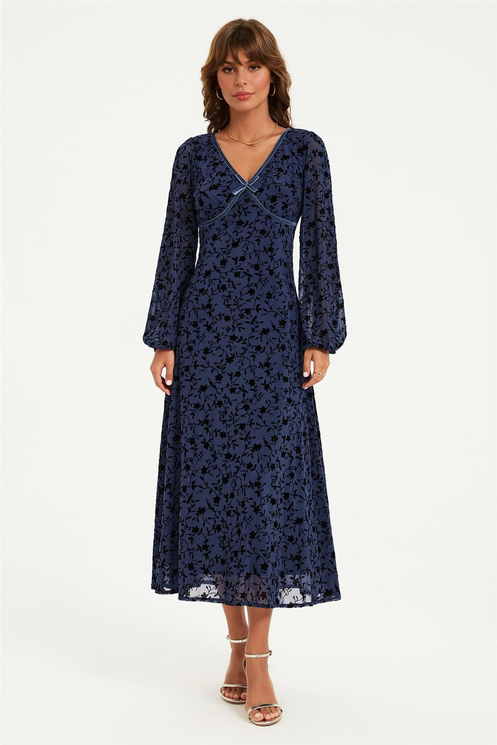 Floral Velvet Devore V Neckline Midi Dress In Navy