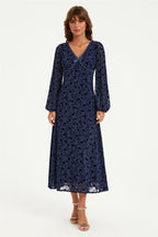 Floral Velvet Devore V Neckline Midi Dress In Navy