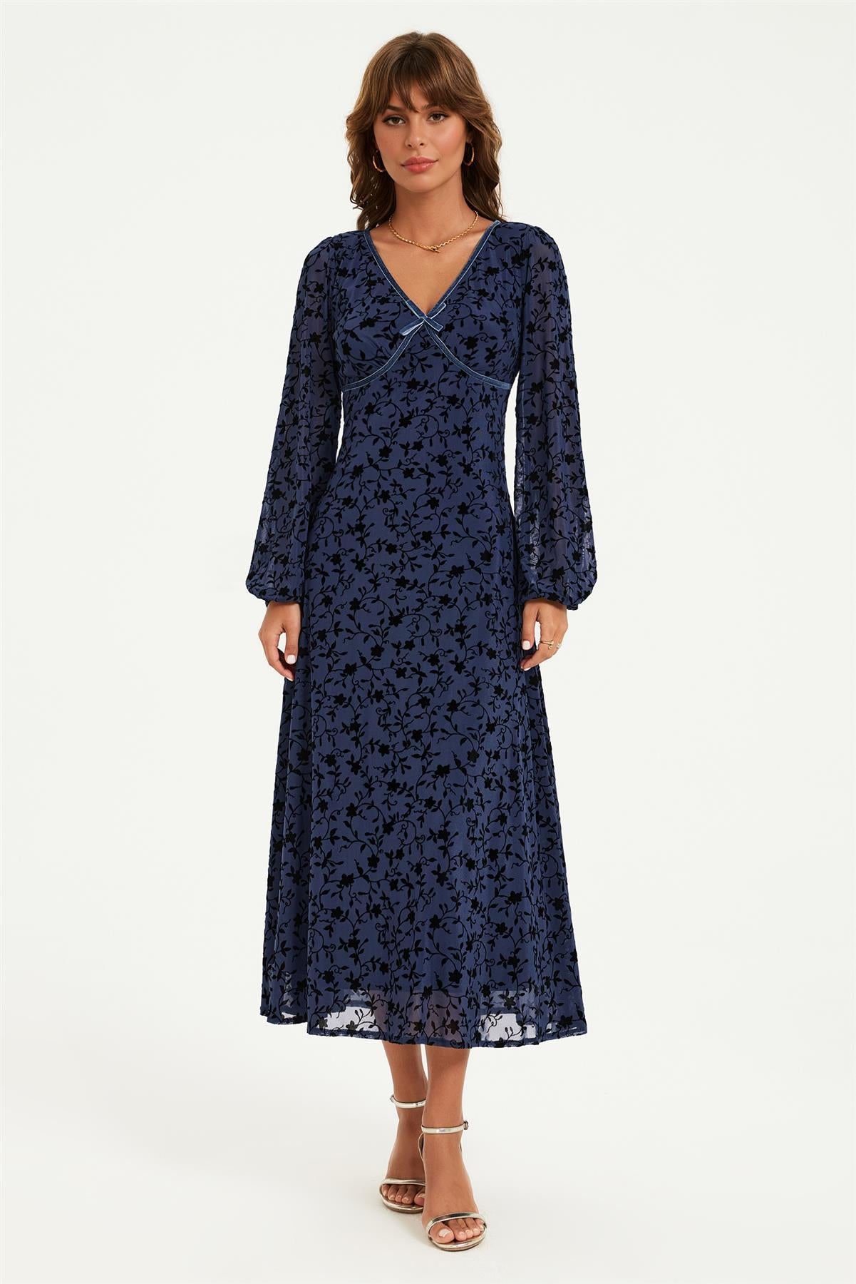 Floral Velvet Devore V Neckline Midi Dress In Navy