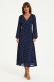 Floral Velvet Devore V Neckline Midi Dress In Navy