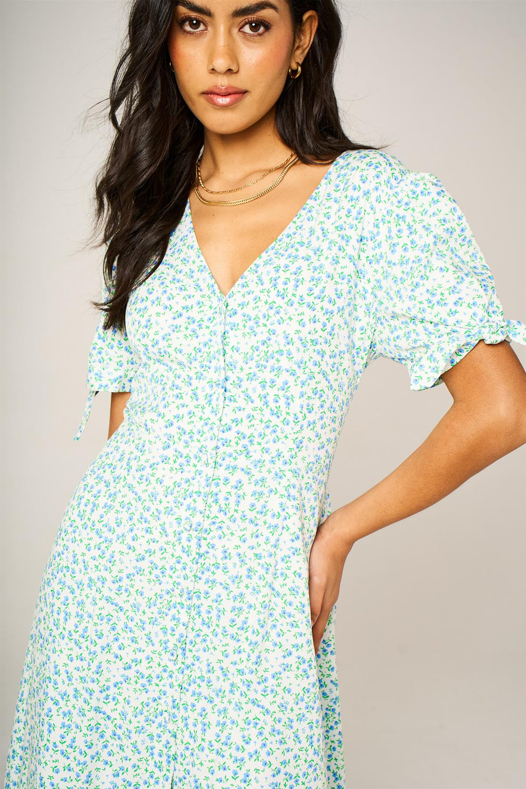 Green Blue Floral Print Button Front Tie Sleeve Midi Dress In White