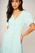 Green Blue Floral Print Button Front Tie Sleeve Midi Dress In White