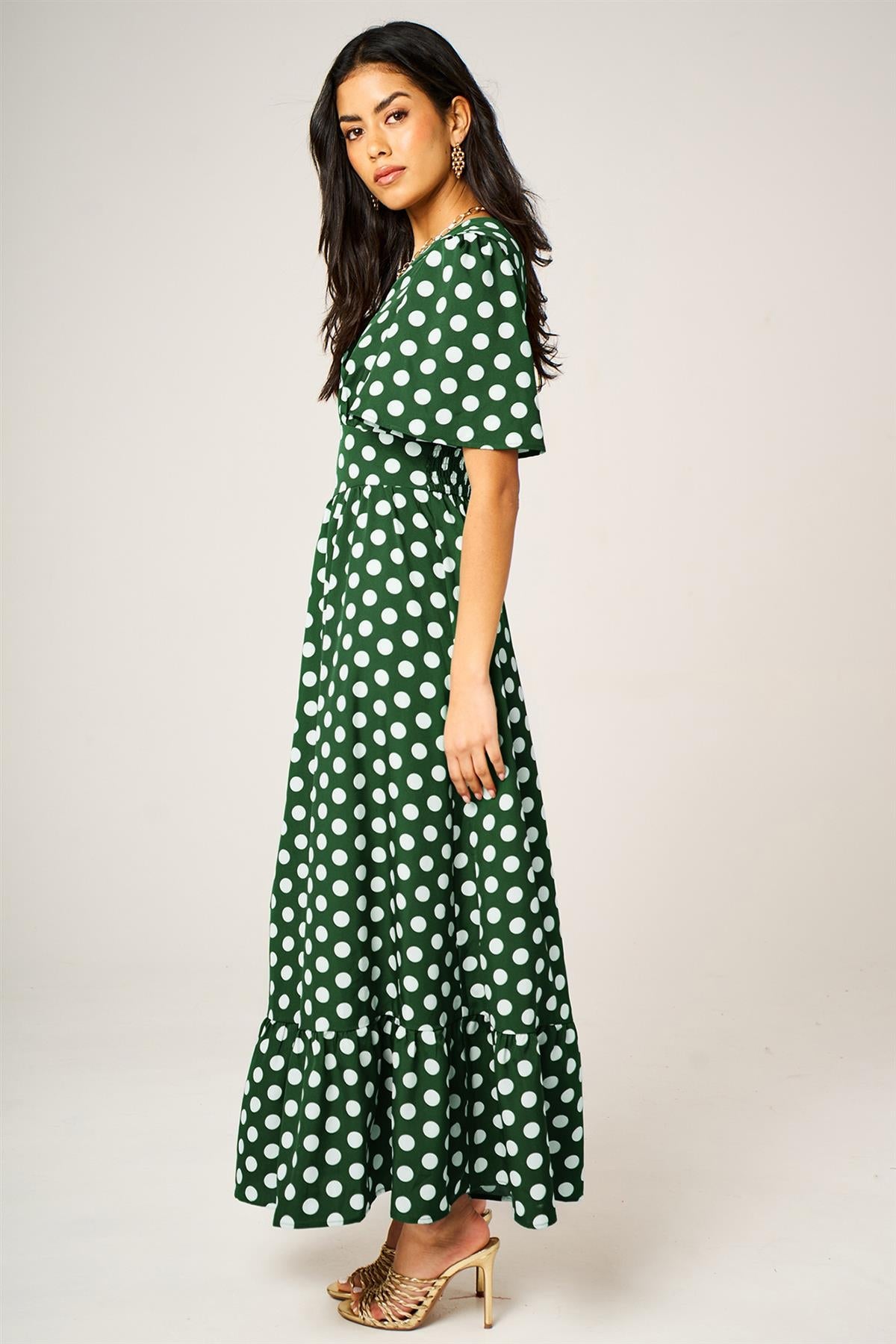 Dot Print Angel Sleeve V Neck Frill Hem Midi Dress In Green
