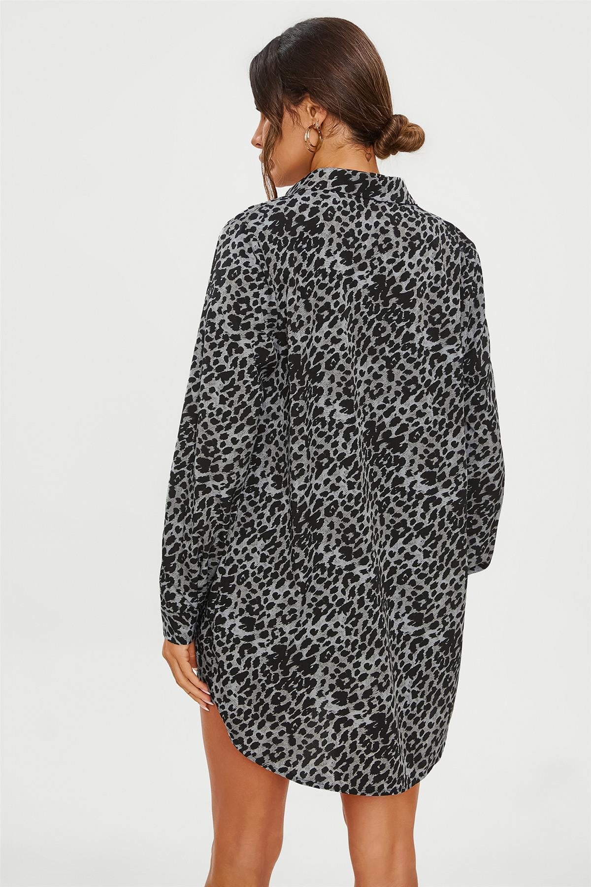 Leopard Print Tunic Shirt In Grey Blue