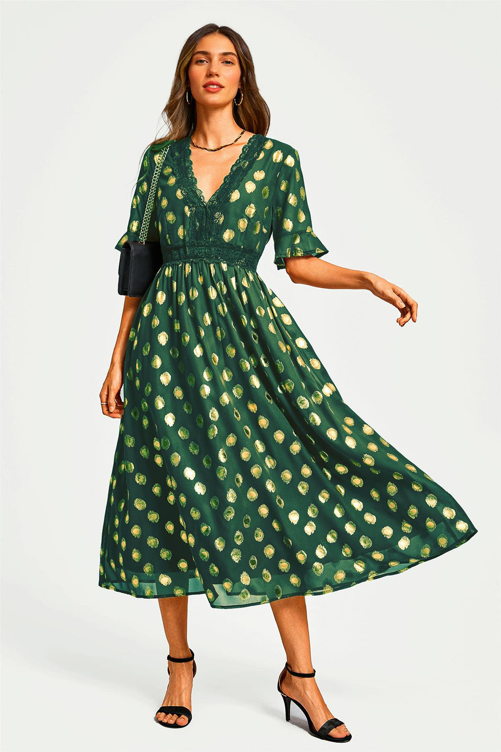 Gold Foil Long Sleeve Lace Trim V Neck Maxi Dress In Green