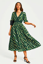 Gold Foil Long Sleeve Lace Trim V Neck Maxi Dress In Green