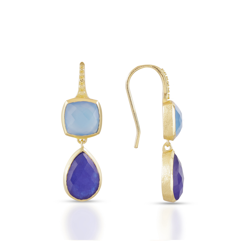 Pendientes Charis de Doble Gema, Calcedonia Azul y Jade Azul