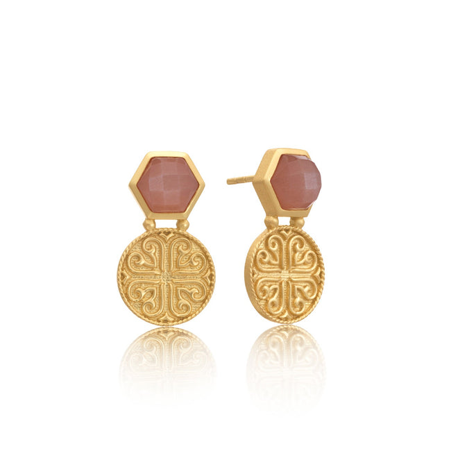 Thea Hexagon Ornate Coins Stud Earrings: Peach Moonstone