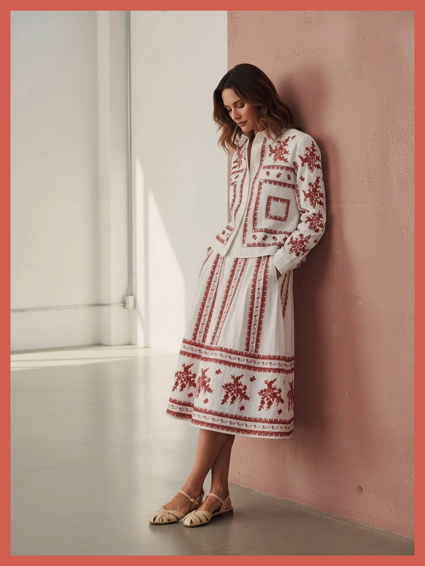 Aimee Ditsy Embroidered Cotton Pleated Skirt In White