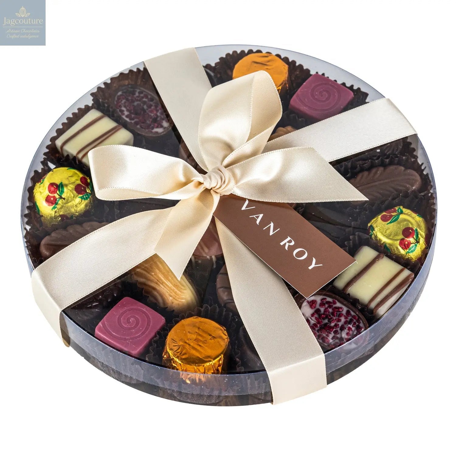 Assorted Belgian chocolates in 18cm cello round with ribbon