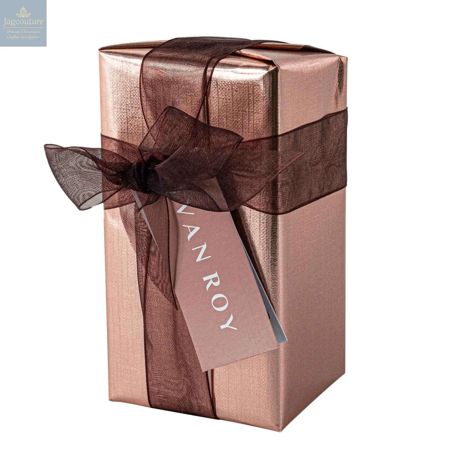 Assorted Belgian chocolates in gift wrapped ballotins with menu tag - 2 designs