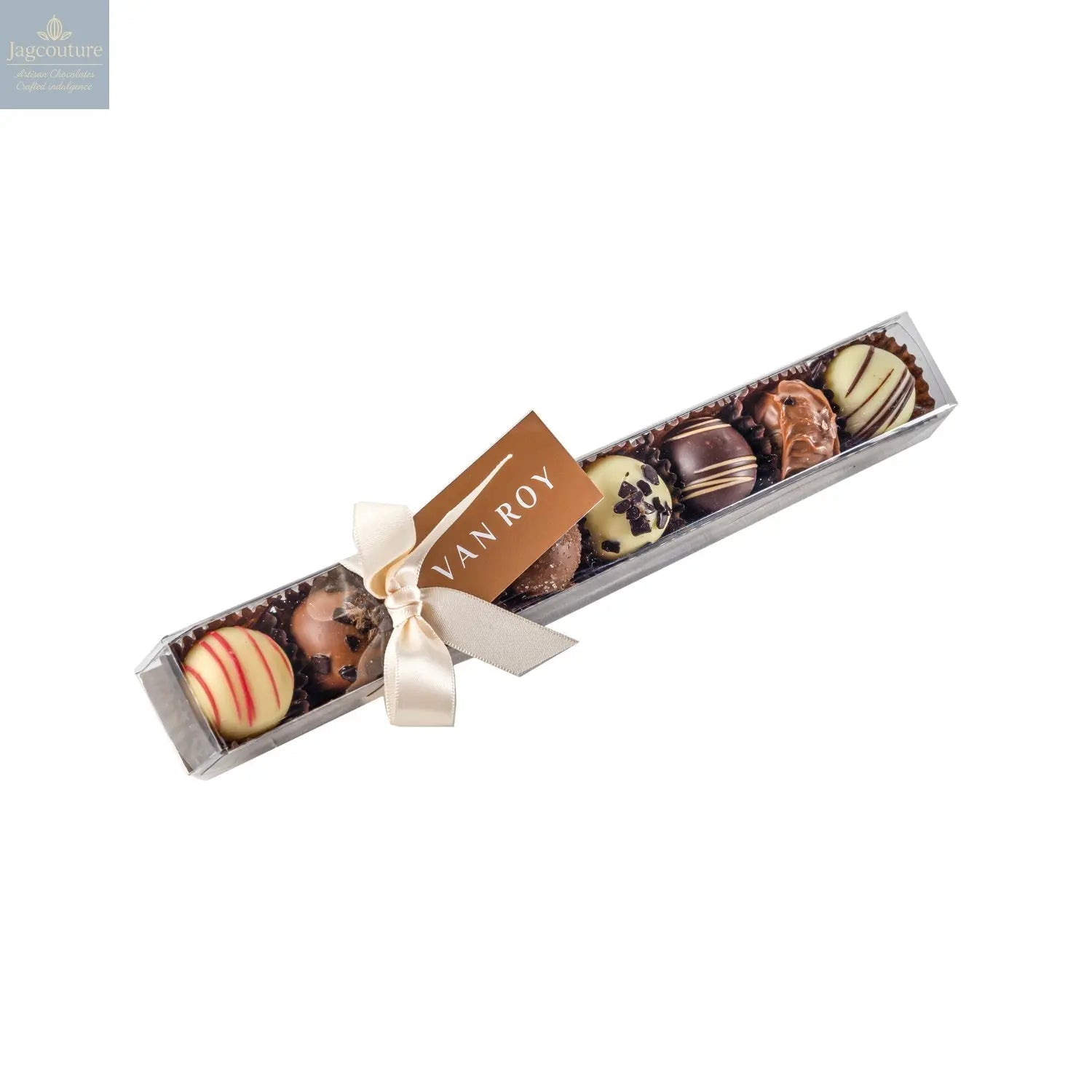 Assorted truffle selection in 25cm cello finger box with ribbon and tag