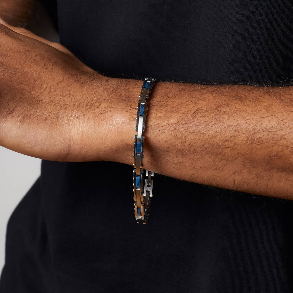 Fred Bennett Stainless Steel and Blue Ceramic Link Bracelet
