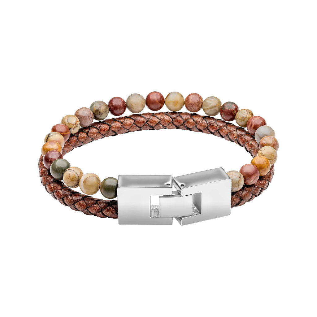 Fred Bennett Brown Leather and Red Turquoise Stone Bracelet