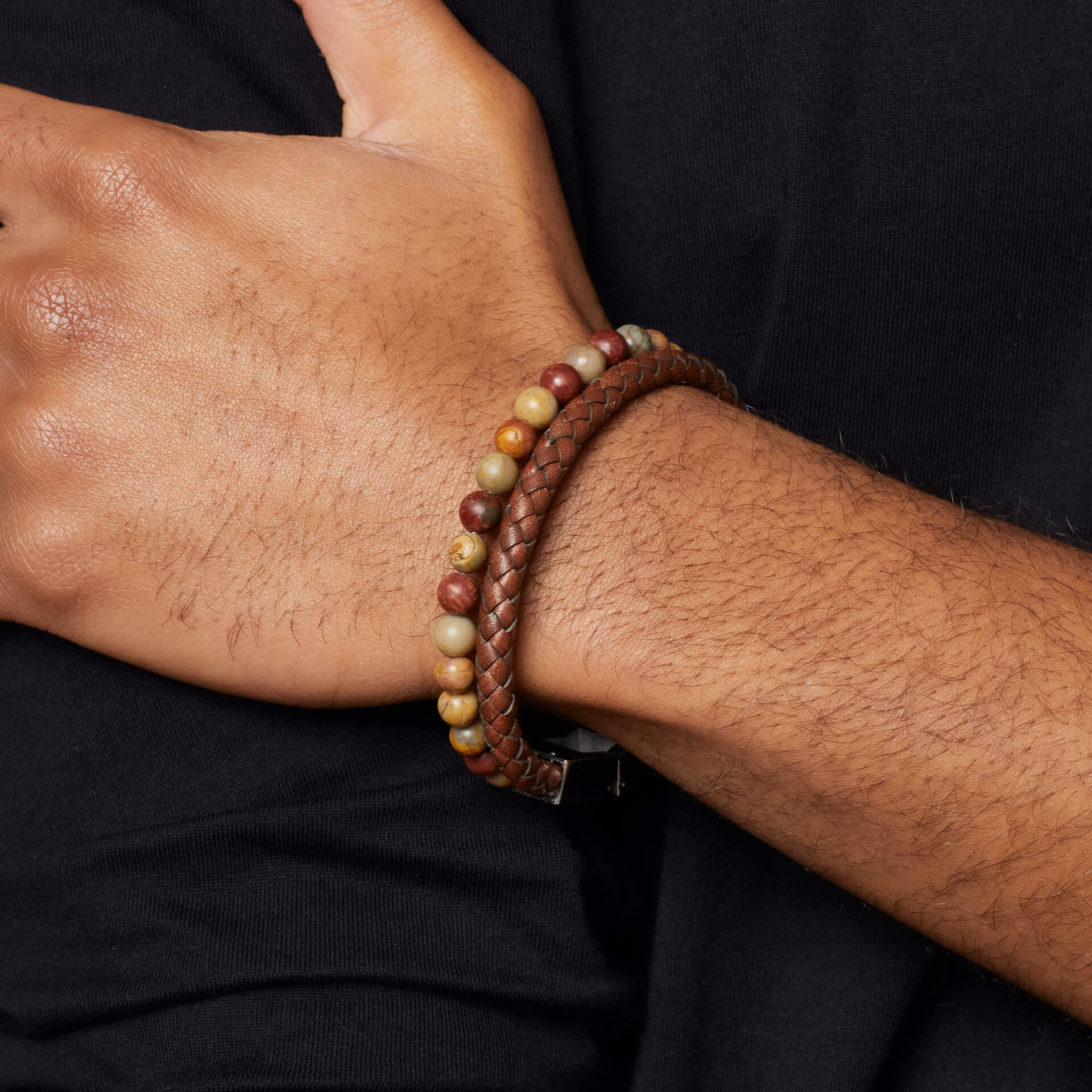 Fred Bennett Brown Leather and Red Turquoise Stone Bracelet