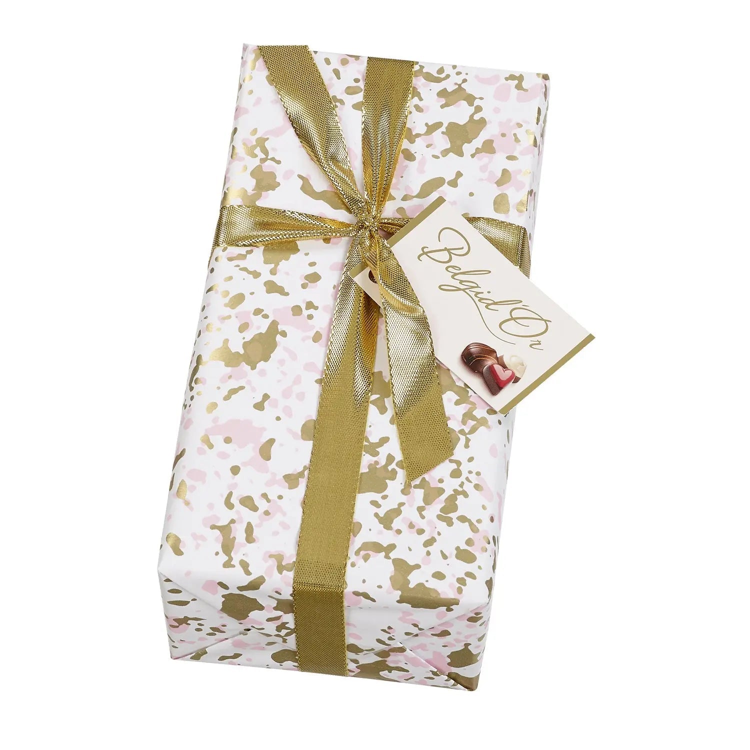 Splatter design gift wrapped ballotin of assorted Belgian chocolates