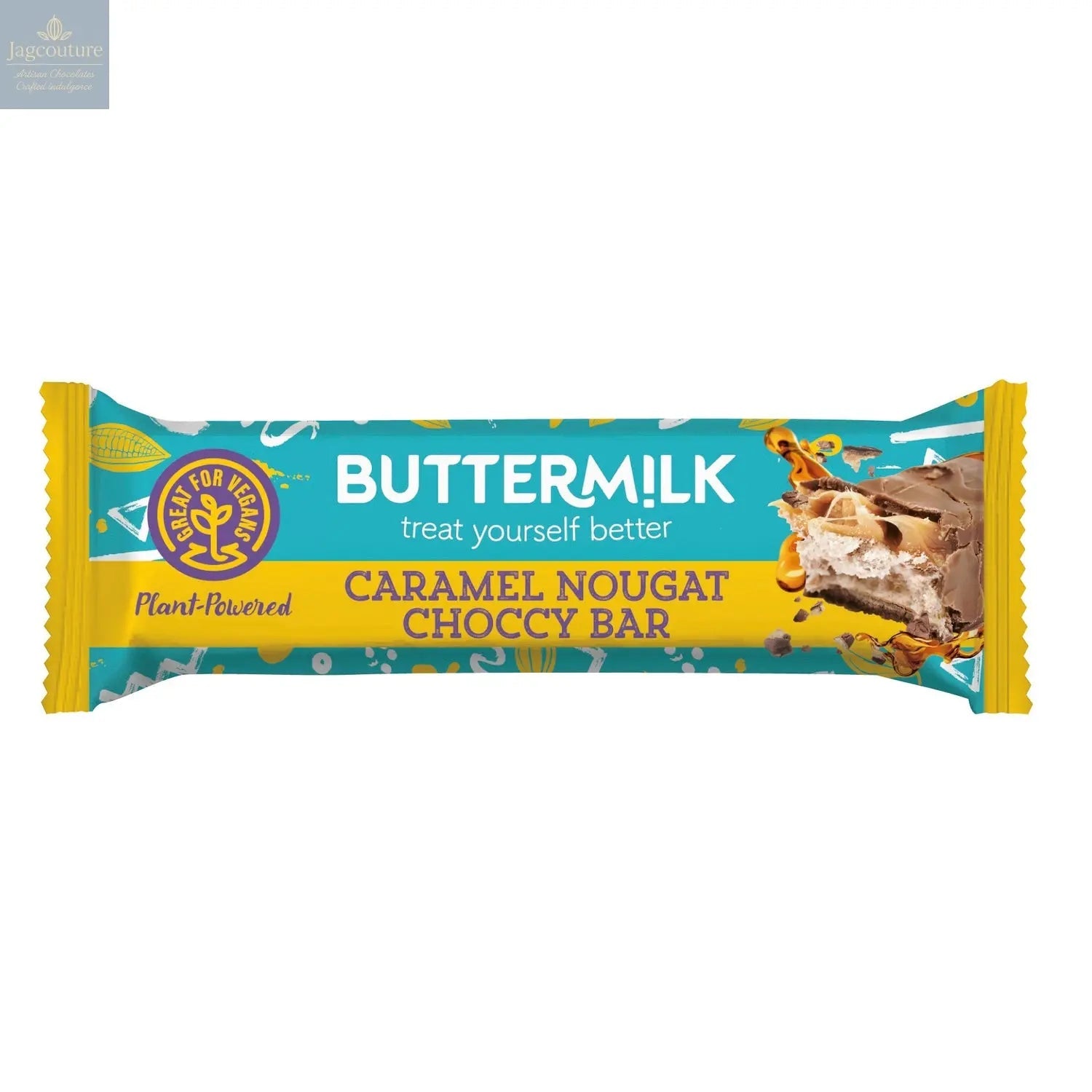 Buttermilk malt flavoured nougat with a caramel layer enrobed in plant based chocolate