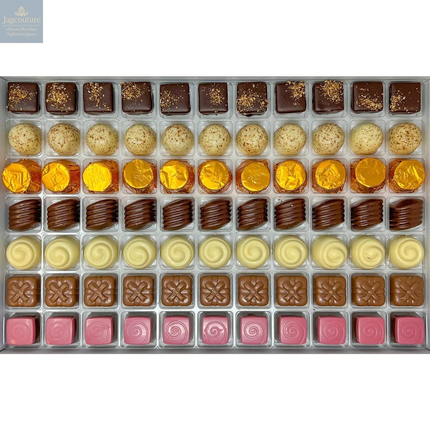 Classic Praline Selection - dark lemon, white hazelnut, milk salted caramel, white apricot, milk Irish cream, milk raspberry, dark pistachio