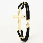 14K Gold Detail Bracelet – Bold Cross Braided | Braided Black Band | Majestic Jewellery
