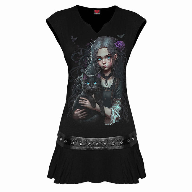 GOTH FAMILIAR - Mini-robe noire taille cloutée